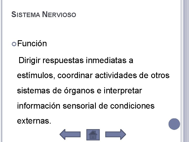 SISTEMA NERVIOSO Función Dirigir respuestas inmediatas a estímulos, coordinar actividades de otros sistemas de