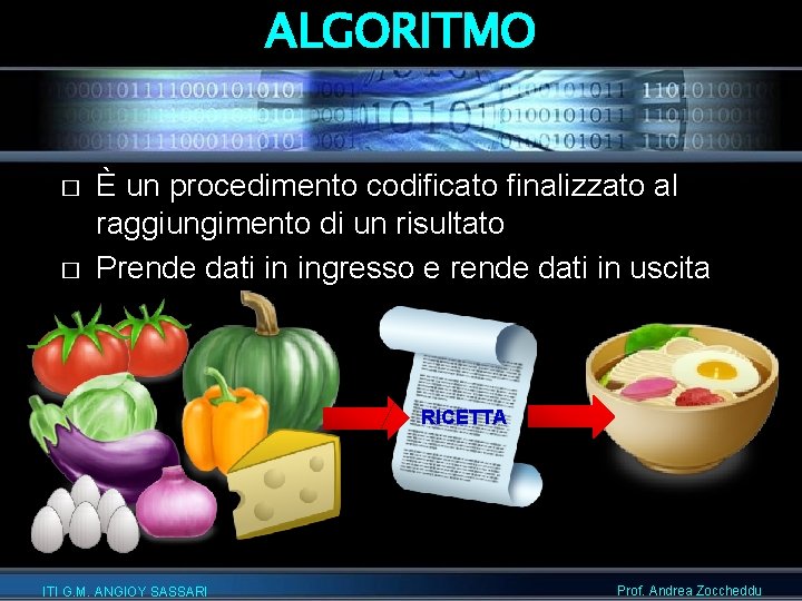 ALGORITMO � � È un procedimento codificato finalizzato al raggiungimento di un risultato Prende