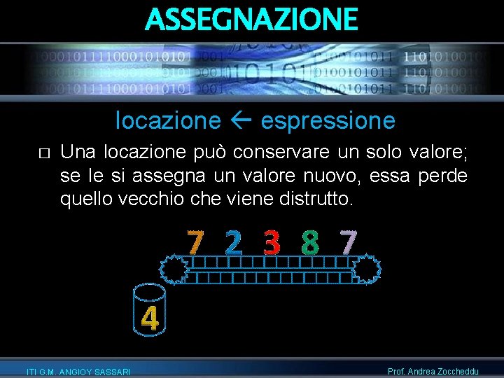 ASSEGNAZIONE locazione espressione � Una locazione può conservare un solo valore; se le si