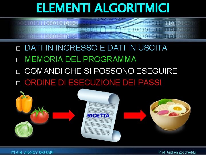 ELEMENTI ALGORITMICI � � DATI IN INGRESSO E DATI IN USCITA MEMORIA DEL PROGRAMMA