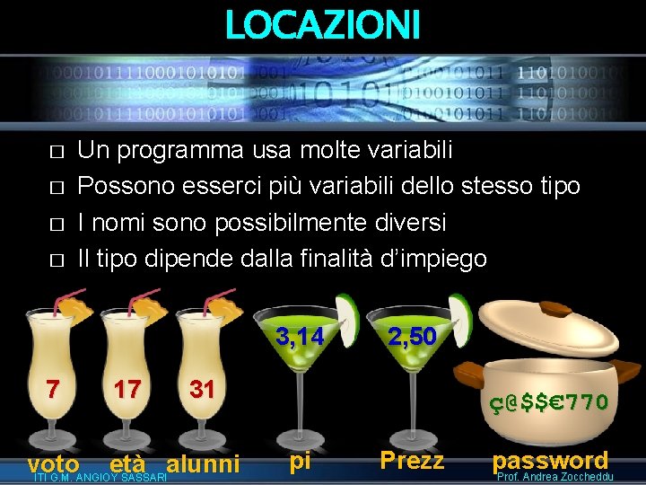 LOCAZIONI � � Un programma usa molte variabili Possono esserci più variabili dello stesso