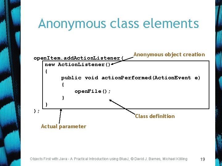Anonymous class elements Anonymous object creation open. Item. add. Action. Listener( new Action. Listener()