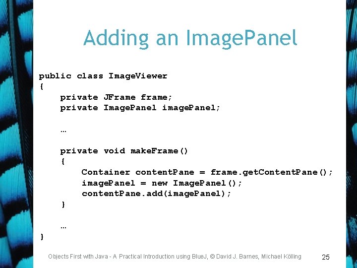 Adding an Image. Panel public class Image. Viewer { private JFrame frame; private Image.