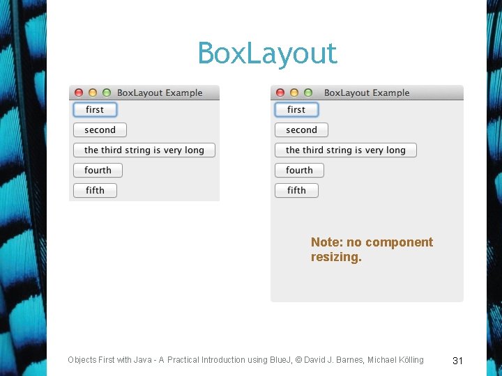 Box. Layout Note: no component resizing. Objects First with Java - A Practical Introduction