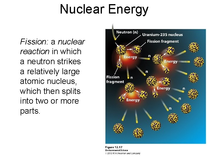 Nuclear Energy Fission: a nuclear reaction in which a neutron strikes a relatively large