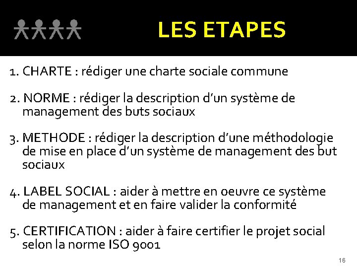 LES ETAPES 1. CHARTE : rédiger une charte sociale commune 2. NORME : rédiger