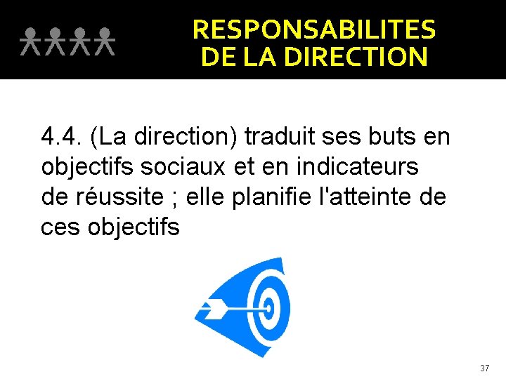 RESPONSABILITES DE LA DIRECTION 4. 4. (La direction) traduit ses buts en objectifs sociaux