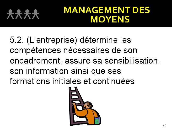MANAGEMENT DES MOYENS 5. 2. (L’entreprise) détermine les compétences nécessaires de son encadrement, assure