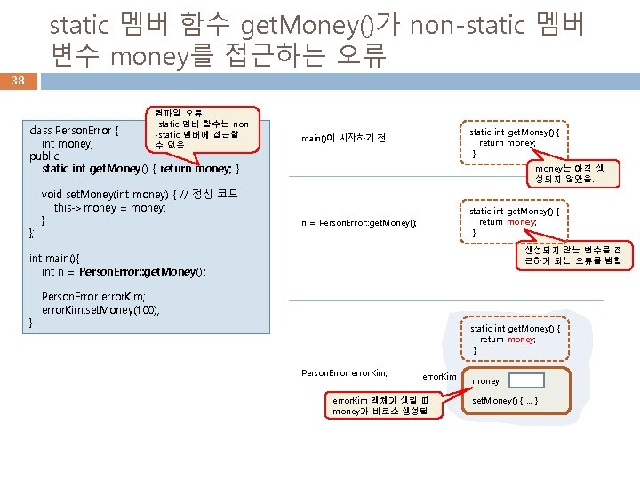 static 멤버 함수 get. Money()가 non-static 멤버 변수 money를 접근하는 오류 38 컴파일 오류.