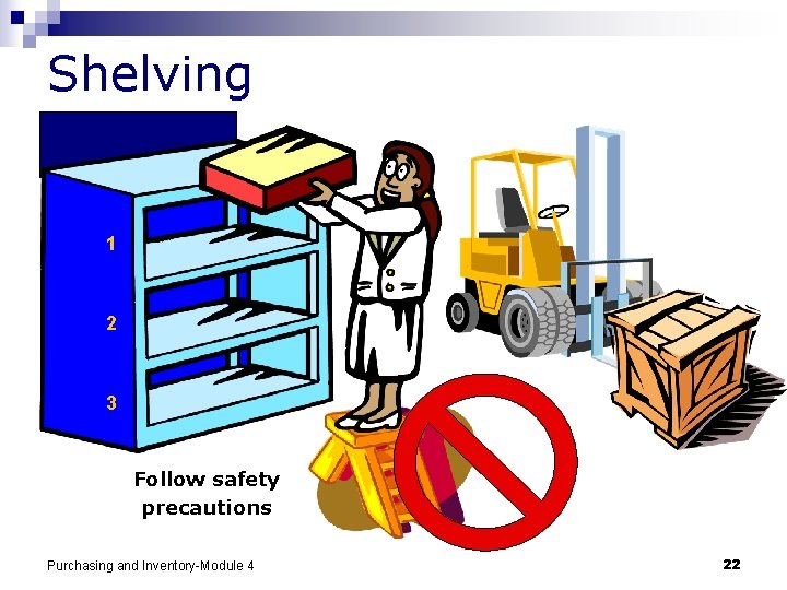 Shelving 1 2 3 Follow safety precautions Purchasing and Inventory-Module 4 22 