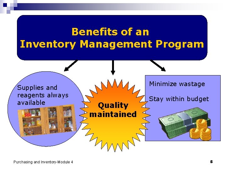Benefits of an Inventory Management Program Supplies and reagents always available Purchasing and Inventory-Module