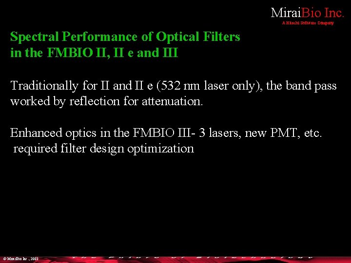 Mirai. Bio Inc. A Hitachi Software Company Spectral Performance of Optical Filters in the