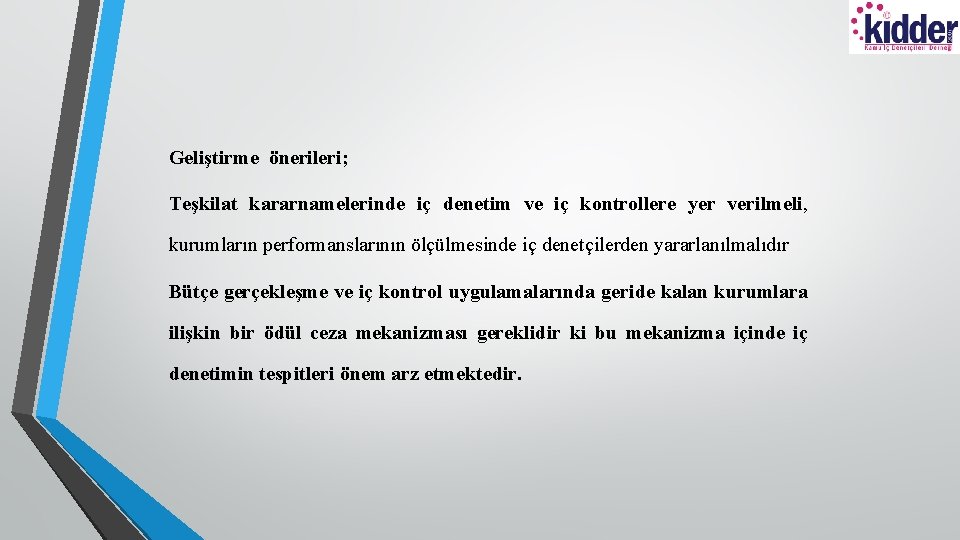 Geliştirme önerileri; Teşkilat kararnamelerinde iç denetim ve iç kontrollere yer verilmeli, kurumların performanslarının ölçülmesinde