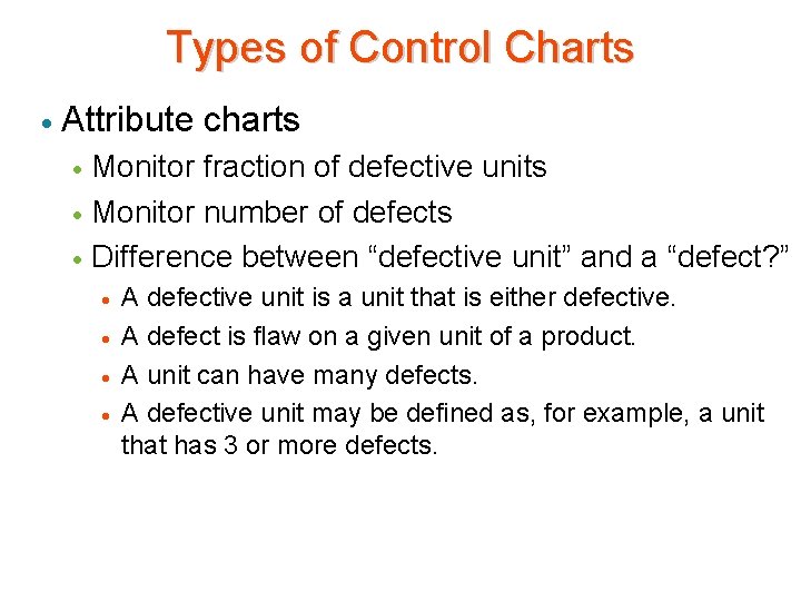 Types of Control Charts · Attribute charts Monitor fraction of defective units · Monitor
