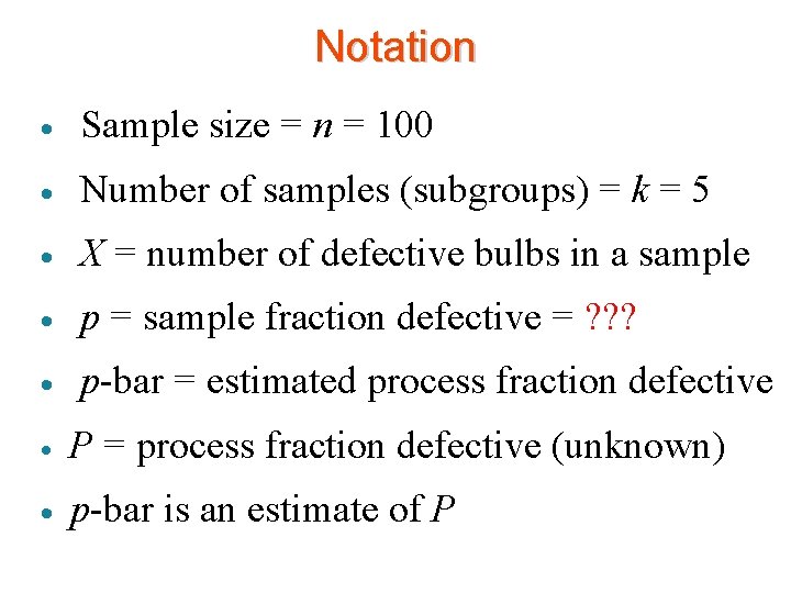 Notation · Sample size = n = 100 · Number of samples (subgroups) =