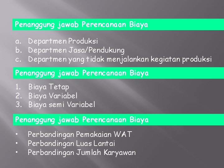 Penanggung jawab Perencanaan Biaya a. Departmen Produksi b. Departmen Jasa/Pendukung c. Departmen yang tidak