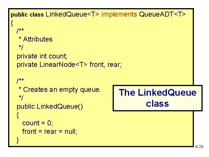 public class Linked. Queue<T> implements Queue. ADT<T> { /** * Attributes */ private int