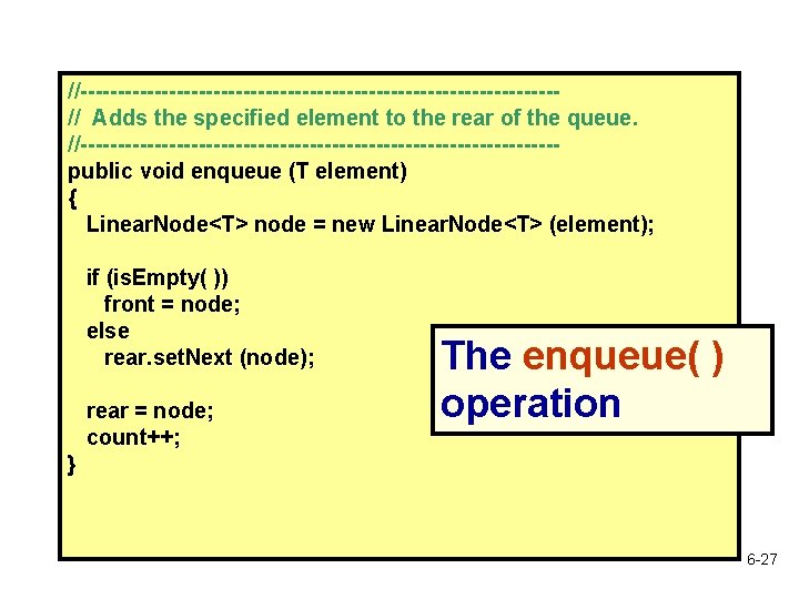 //--------------------------------// Adds the specified element to the rear of the queue. //--------------------------------public void enqueue