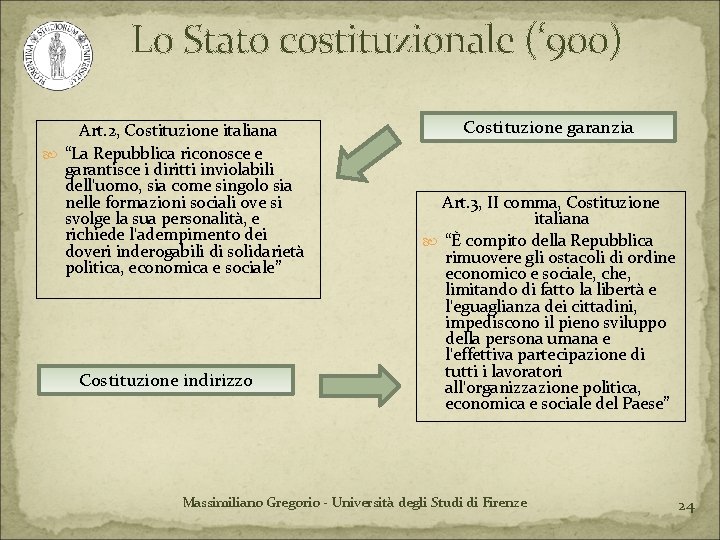 Lo Stato costituzionale (‘ 900) Art. 2, Costituzione italiana “La Repubblica riconosce e garantisce