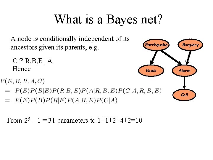 What is a Bayes net? A node is conditionally independent of its ancestors given