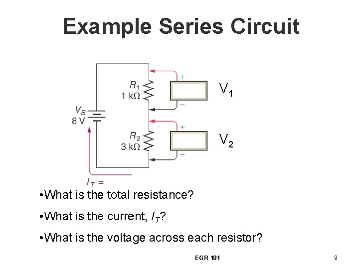 Example Series Circuit V 1 V 2 • What is the total resistance? •