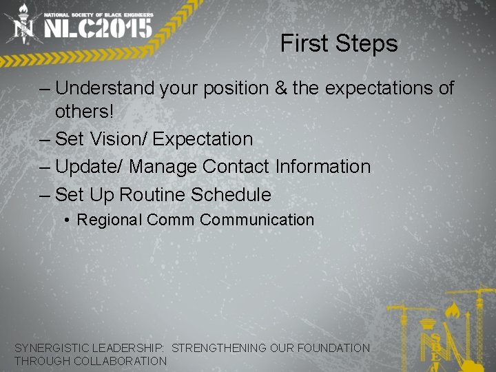 First Steps – Understand your position & the expectations of others! – Set Vision/
