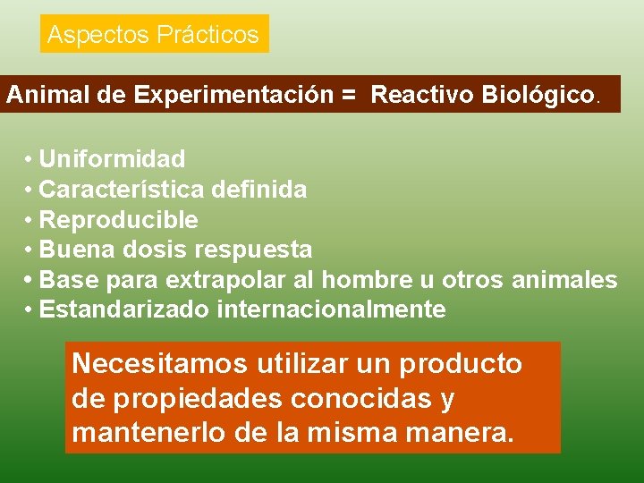 Aspectos Prácticos Animal de Experimentación = Reactivo Biológico. • Uniformidad • Característica definida •