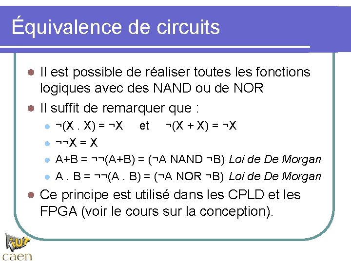Équivalence de circuits Il est possible de réaliser toutes les fonctions logiques avec des