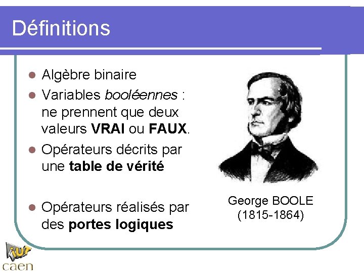 Définitions Algèbre binaire l Variables booléennes : ne prennent que deux valeurs VRAI ou