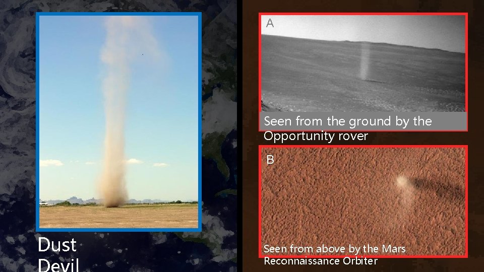 A Seen from the ground by the Opportunity rover B Dust Seen from above