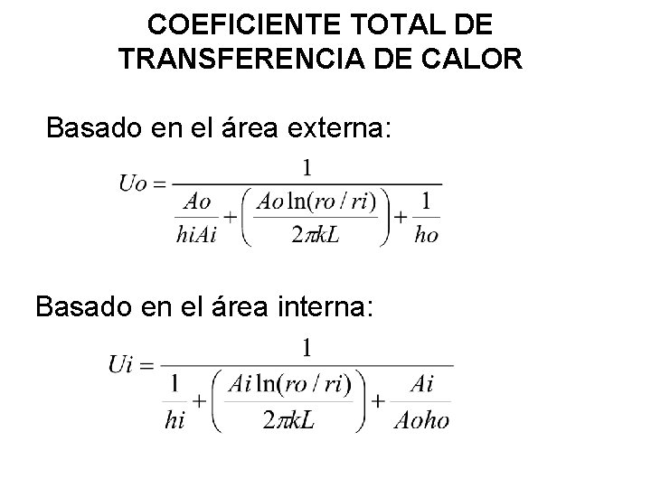 COEFICIENTE TOTAL DE TRANSFERENCIA DE CALOR Basado en el área externa: Basado en el