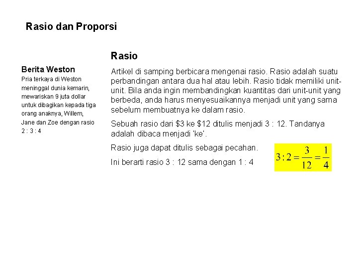 Rasio dan Proporsi Rasio Berita Weston Pria terkaya di Weston meninggal dunia kemarin, mewariskan