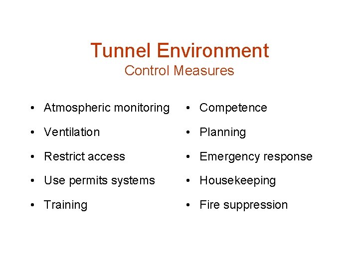 Tunnel Environment Control Measures • Atmospheric monitoring • Competence • Ventilation • Planning •