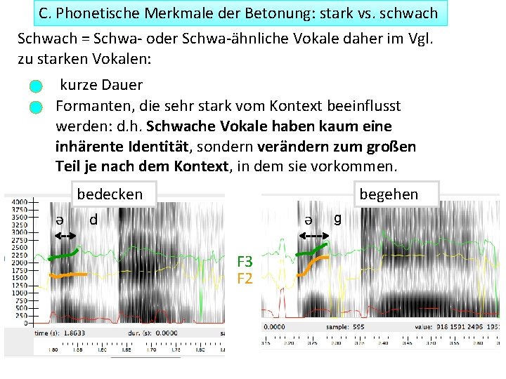 C. Phonetische Merkmale der Betonung: stark vs. schwach Schwach = Schwa- oder Schwa-ähnliche Vokale C. Phonetische Merkmale der Betonung: stark vs. schwach Schwach = Schwa- oder Schwa-ähnliche Vokale