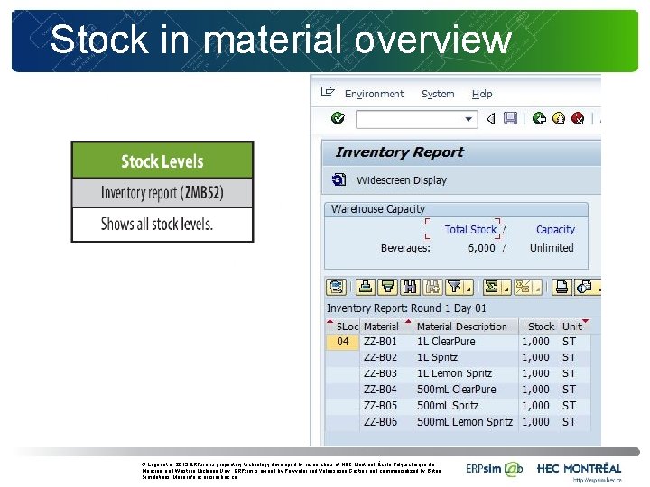 Stock in material overview © Léger et al. 2013 ERPsim is proprietary technology developed