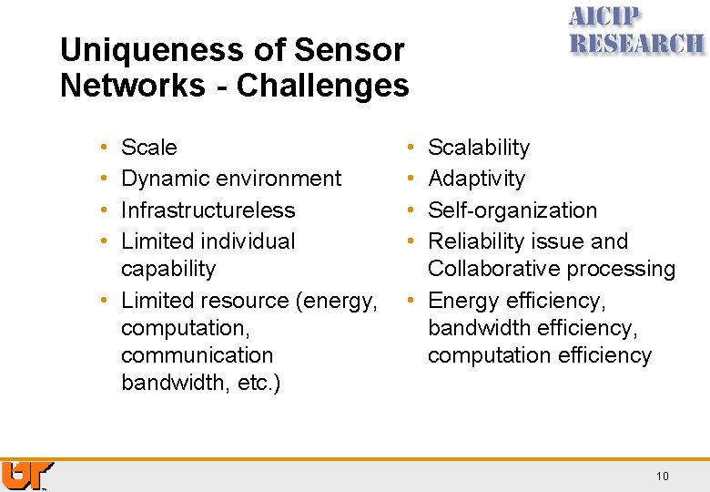 Uniqueness of Sensor Networks - Challenges • • Scale Dynamic environment Infrastructureless Limited individual