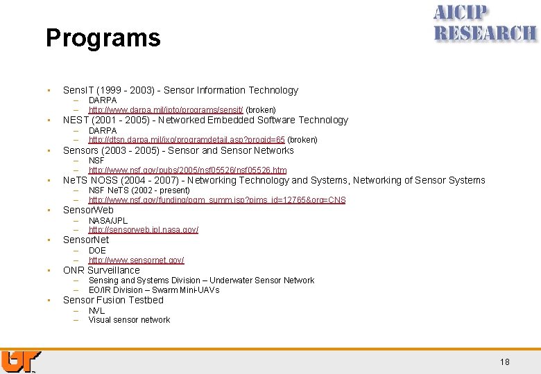 Programs • • Sens. IT (1999 - 2003) - Sensor Information Technology – –