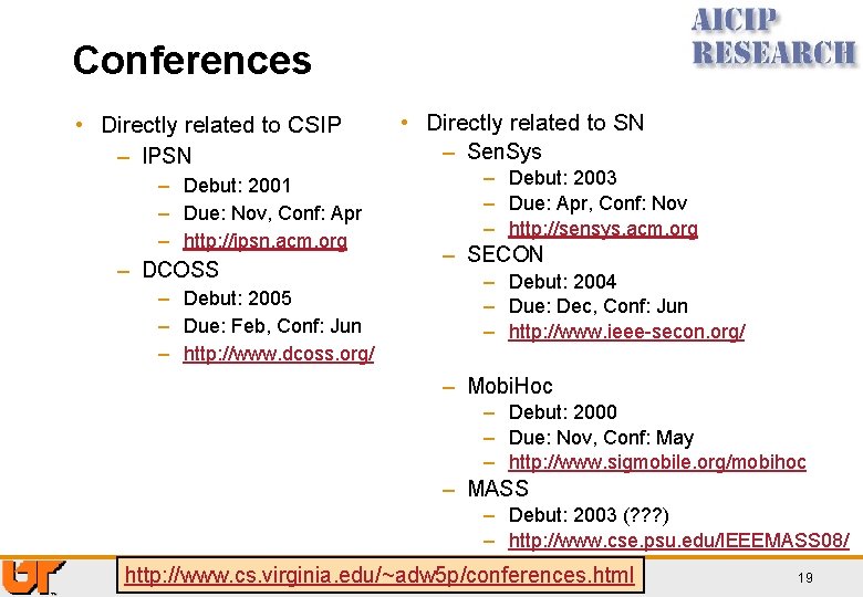 Conferences • Directly related to CSIP – IPSN – Debut: 2001 – Due: Nov,