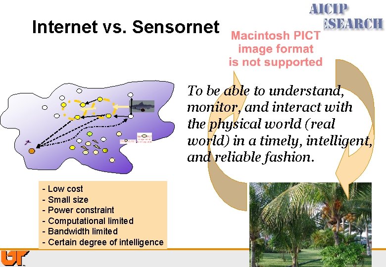 Internet vs. Sensornet Sensor network To be able to understand, monitor, and interact with