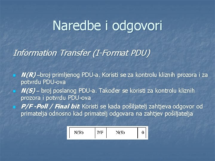Naredbe i odgovori Information Transfer (I-Format PDU) n n n N(R) –broj primljenog PDU-a.