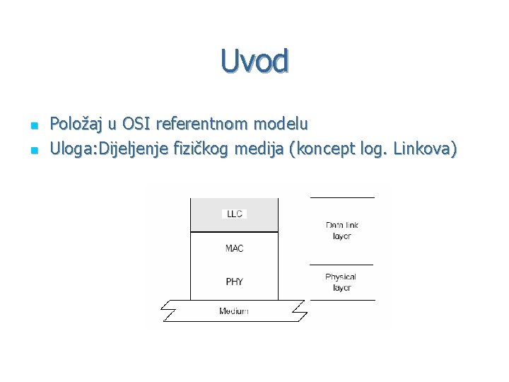 Uvod n n Položaj u OSI referentnom modelu Uloga: Dijeljenje fizičkog medija (koncept log.