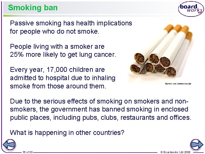 Smoking ban Passive smoking has health implications for people who do not smoke. People