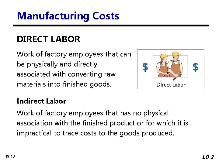 Manufacturing Costs DIRECT LABOR Work of factory employees that can be physically and directly