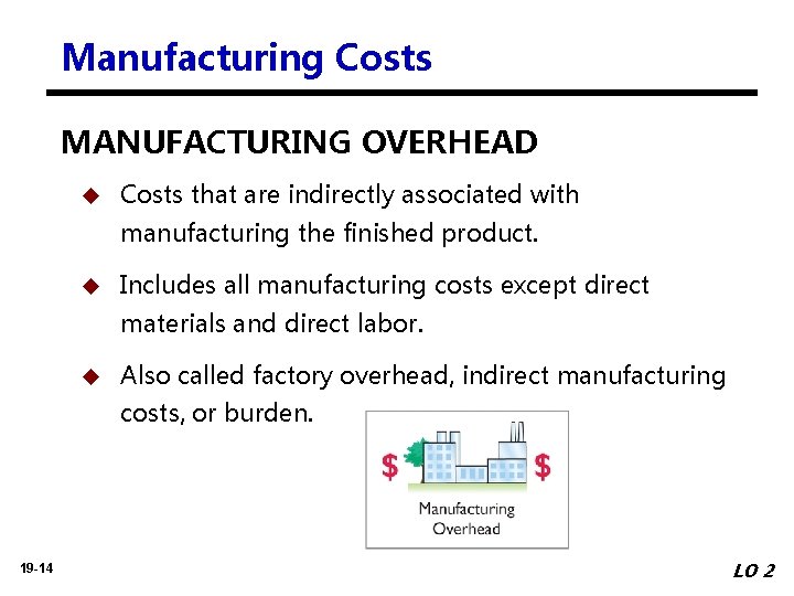 Manufacturing Costs MANUFACTURING OVERHEAD u Costs that are indirectly associated with manufacturing the finished
