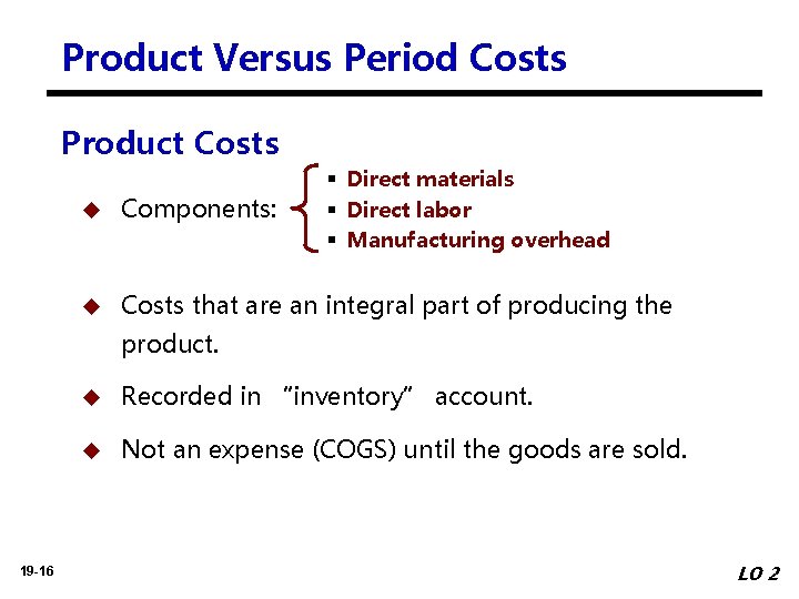 Product Versus Period Costs Product Costs § Direct materials § Direct labor § Manufacturing