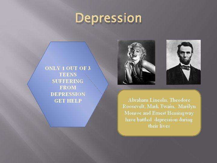 Depression ONLY. 1 OUT OF 3 TEENS SUFFERING FROM DEPRESSION GET HELP Abraham Lincoln,