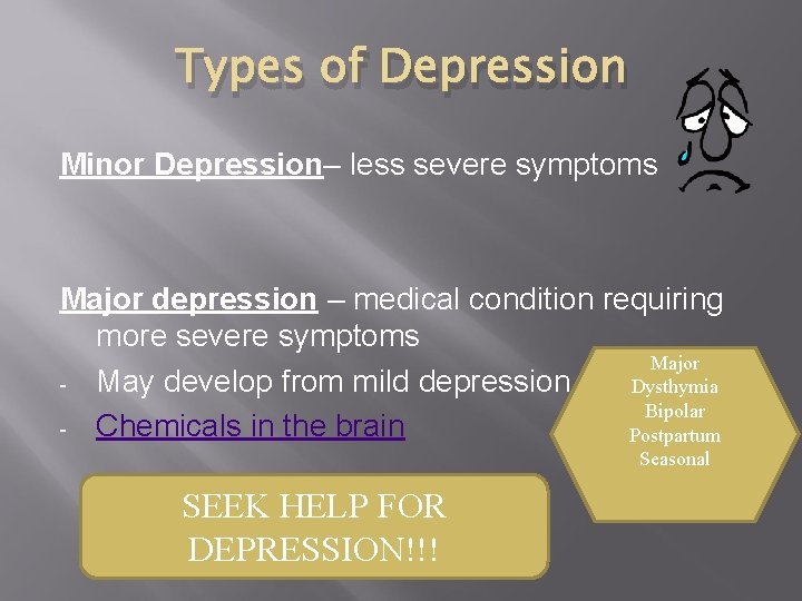 Types of Depression Minor Depression– less severe symptoms Major depression – medical condition requiring