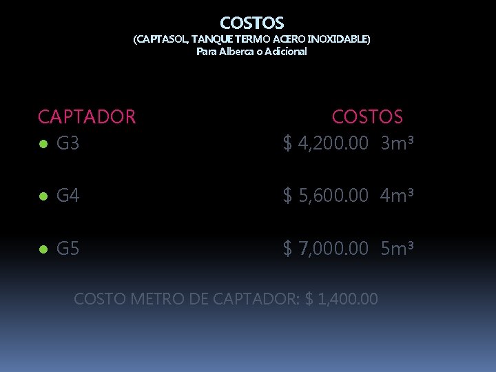 COSTOS (CAPTASOL, TANQUE TERMO ACERO INOXIDABLE) Para Alberca o Adicional CAPTADOR ● G 3
