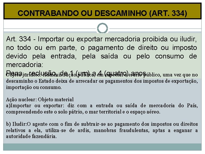 CONTRABANDO OU DESCAMINHO (ART. 334) Art. 334 - Importar ou exportar mercadoria proibida ou