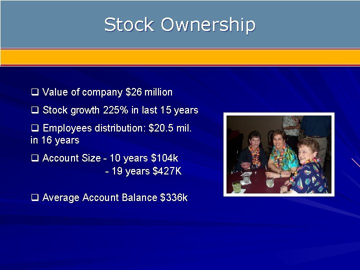 Stock Ownership q Value of company $26 million q Stock growth 225% in last